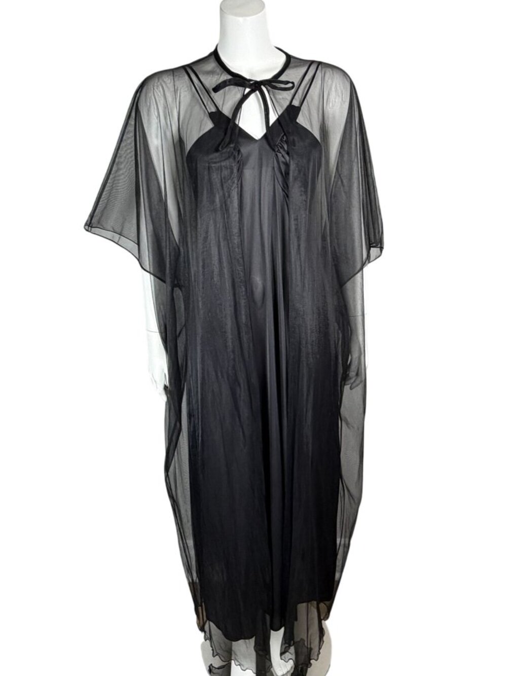 Vintage Black Peignoir Set Size 34 Long Nightgown Sheer Robe Nylon Made in USA